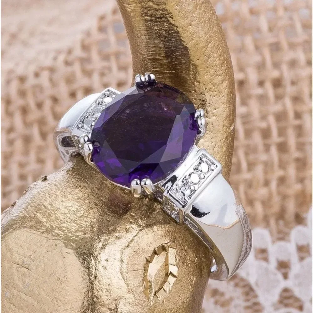 Gorgeous 3 Ct Oval Amethyst & White Topaz Gemstone Ring Sz 8